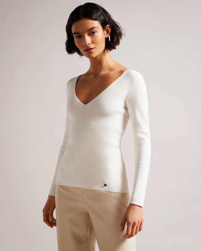 Hauts Ted Baker V Neck Slim Fit Knit Blanche Femme | VDA-95772287